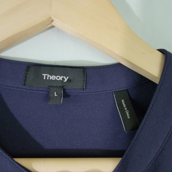Theory Women Navy Shirt Dress Sz L Faux Silk Short Sleeve Midi Pocket High-Low - Picture 9 of 12